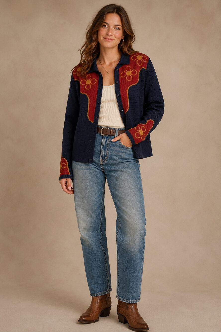 Bolivian Handknits Alpaca Wool Cardigan Small Floral Handmade Sweater